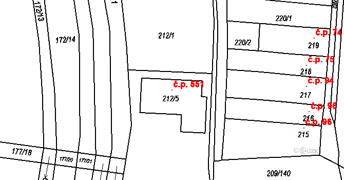 Rajhradice 551 na parcele st. 212/5 v KÚ Rajhradice, Katastrální mapa