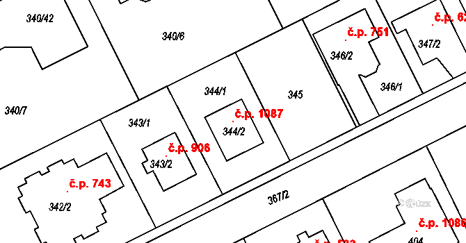 Průhonice 1087 na parcele st. 344/2 v KÚ Hole u Průhonic, Katastrální mapa