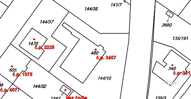 Jihlava 3407 na parcele st. 480 v KÚ Bedřichov u Jihlavy, Katastrální mapa