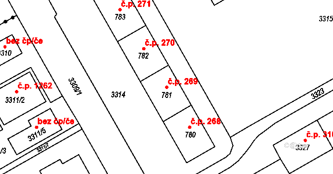 Lyžbice 269, Třinec na parcele st. 781 v KÚ Lyžbice, Katastrální mapa
