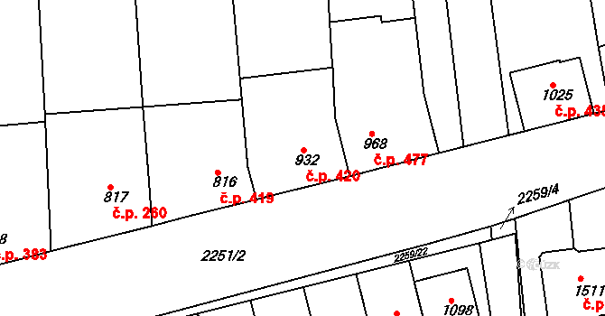 Milotice 420 na parcele st. 932 v KÚ Milotice u Kyjova, Katastrální mapa