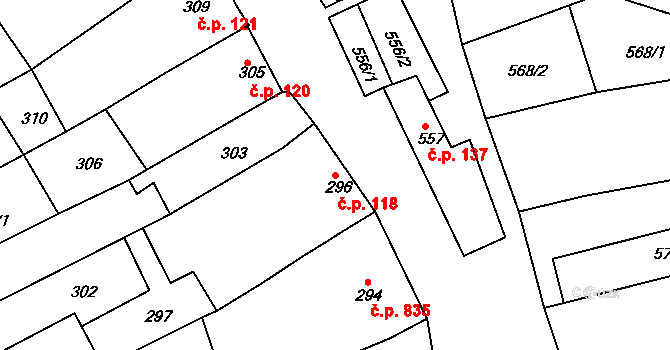Šardice 118 na parcele st. 296 v KÚ Šardice, Katastrální mapa