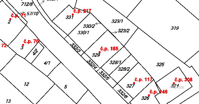 Zarazice 185, Veselí nad Moravou na parcele st. 329 v KÚ Zarazice, Katastrální mapa