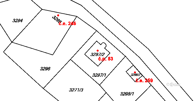 Harrachov 53, Rýmařov na parcele st. 3297/2 v KÚ Rýmařov, Katastrální mapa