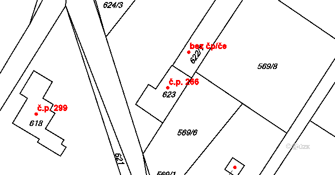 Donín 266, Hrádek nad Nisou na parcele st. 623 v KÚ Donín u Hrádku nad Nisou, Katastrální mapa