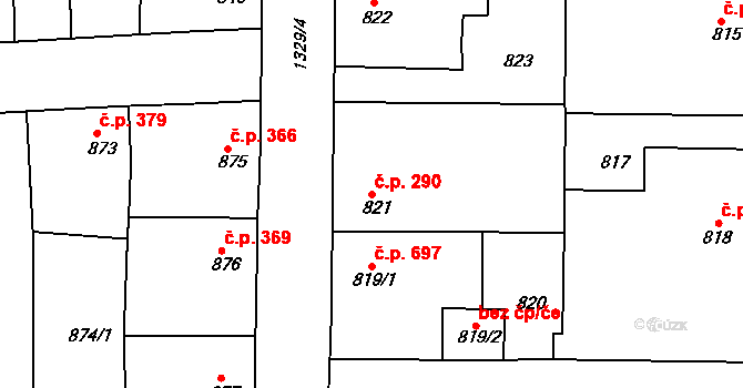 Tuchlovice 290 na parcele st. 821 v KÚ Tuchlovice, Katastrální mapa