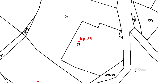 Olešnice 36 na parcele st. 21 v KÚ Olešnice u Turnova, Katastrální mapa
