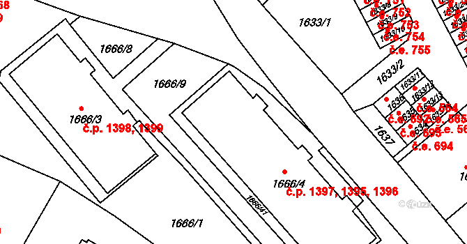 Děčín VI-Letná 1395,1396,1397, Děčín na parcele st. 1666/4 v KÚ Podmokly, Katastrální mapa