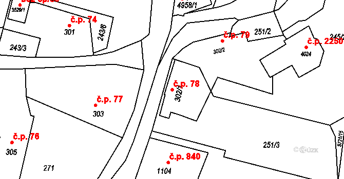 Rožnov pod Radhoštěm 78 na parcele st. 302/1 v KÚ Rožnov pod Radhoštěm, Katastrální mapa