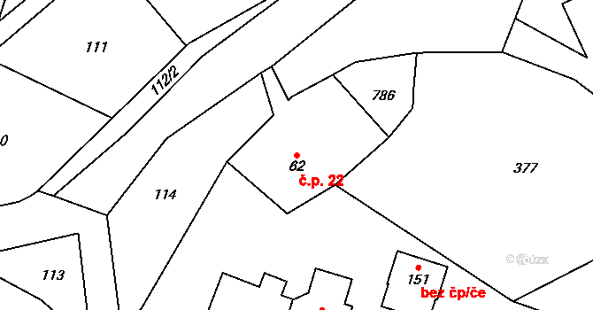 Brtev 22, Lázně Bělohrad na parcele st. 62 v KÚ Brtev, Katastrální mapa