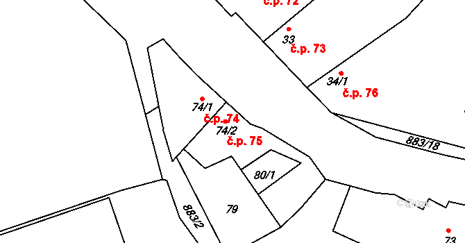 Hrotovice 75 na parcele st. 74/2 v KÚ Hrotovice, Katastrální mapa