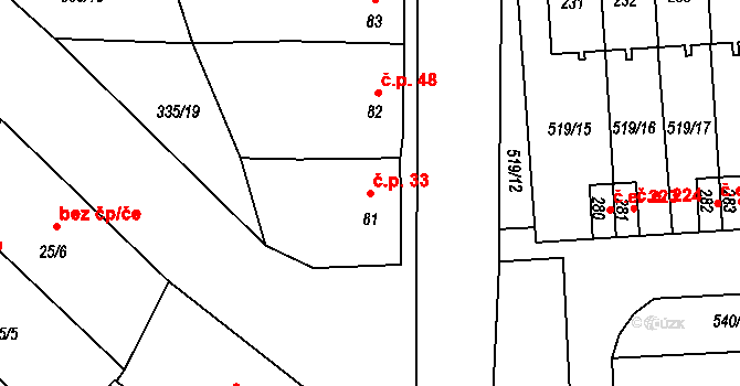 Výškov 33 na parcele st. 81 v KÚ Výškov u Počerad, Katastrální mapa