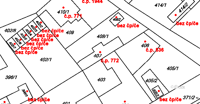 Fryštát 772, Karviná na parcele st. 407 v KÚ Karviná-město, Katastrální mapa