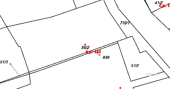 Luštěnice 140 na parcele st. 55/2 v KÚ Luštěnice, Katastrální mapa