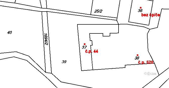 Řeporyje 44, Praha na parcele st. 37 v KÚ Řeporyje, Katastrální mapa
