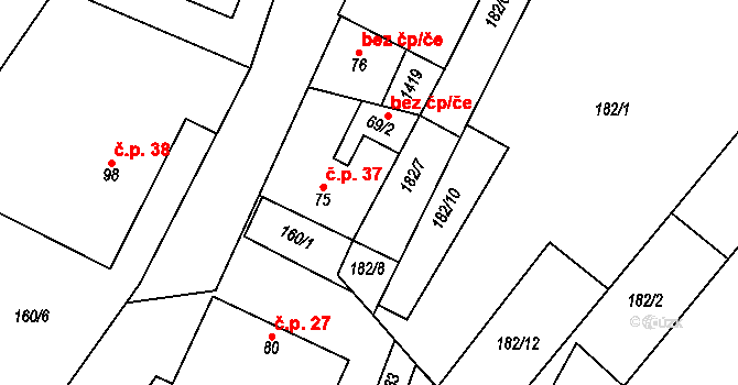 Bor 37, Suchdol nad Lužnicí na parcele st. 75 v KÚ Bor, Katastrální mapa