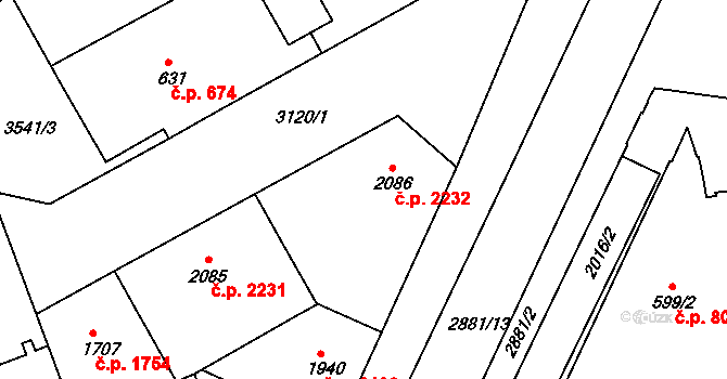 Hodonín 2232 na parcele st. 2086 v KÚ Hodonín, Katastrální mapa