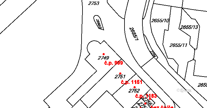 Chomutov 999 na parcele st. 2749 v KÚ Chomutov I, Katastrální mapa