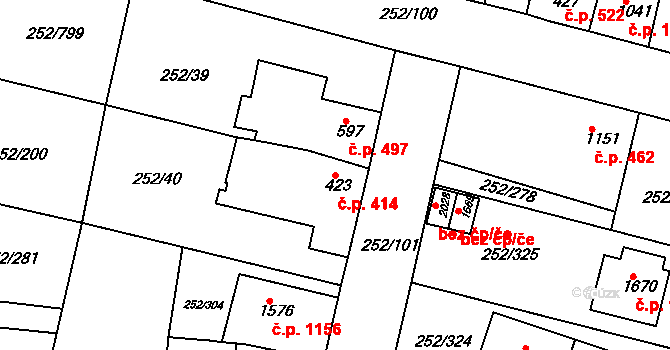 Rosice 414 na parcele st. 423 v KÚ Rosice u Brna, Katastrální mapa