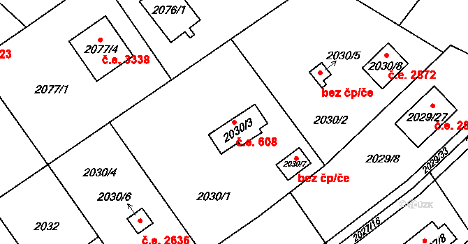 Bolevec 608, Plzeň na parcele st. 2030/3 v KÚ Bolevec, Katastrální mapa