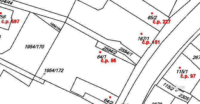 Litice 56, Plzeň na parcele st. 64/1 v KÚ Litice u Plzně, Katastrální mapa