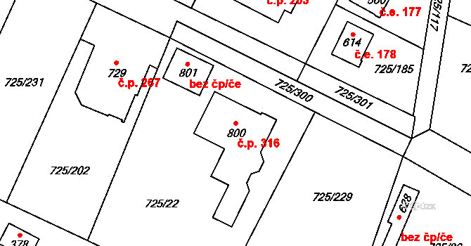 Mukařov 316 na parcele st. 800 v KÚ Mukařov u Říčan, Katastrální mapa