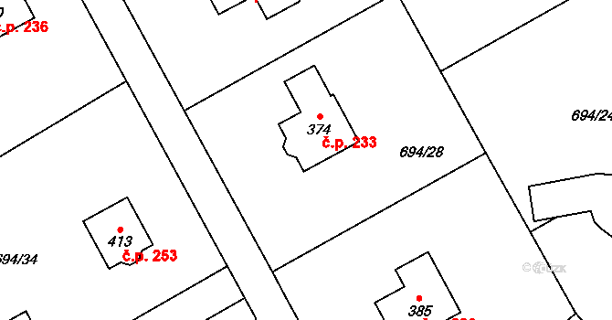 Hostašovice 233 na parcele st. 374 v KÚ Hostašovice, Katastrální mapa