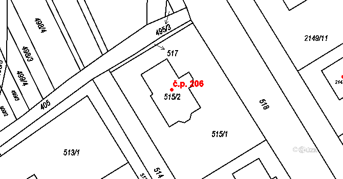 Zbýšov 206 na parcele st. 515/2 v KÚ Zbýšov, Katastrální mapa