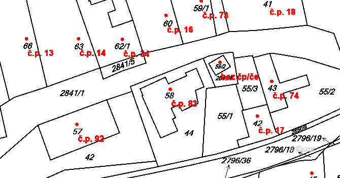 Sehradice 83 na parcele st. 58 v KÚ Sehradice, Katastrální mapa