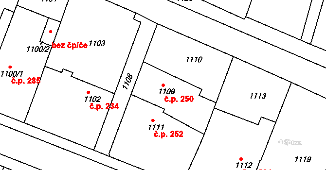 Želechovice nad Dřevnicí 250 na parcele st. 1109 v KÚ Želechovice nad Dřevnicí, Katastrální mapa