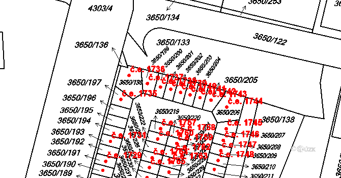 Jindřichův Hradec III 1739, Jindřichův Hradec na parcele st. 3650/201 v KÚ Jindřichův Hradec, Katastrální mapa