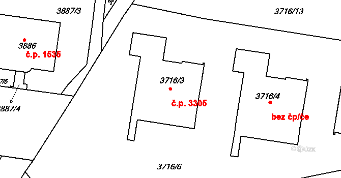 Smíchov 3305, Praha na parcele st. 3716/3 v KÚ Smíchov, Katastrální mapa