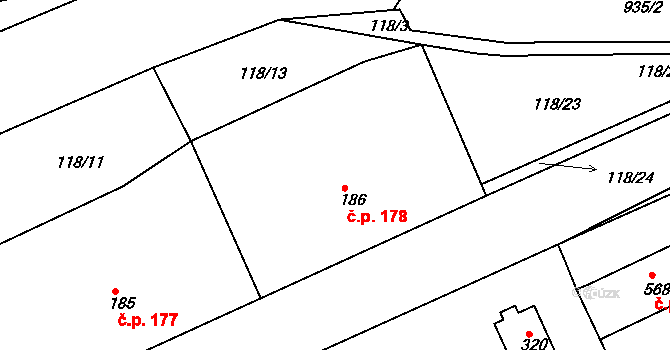 Hýskov 178 na parcele st. 186 v KÚ Hýskov, Katastrální mapa