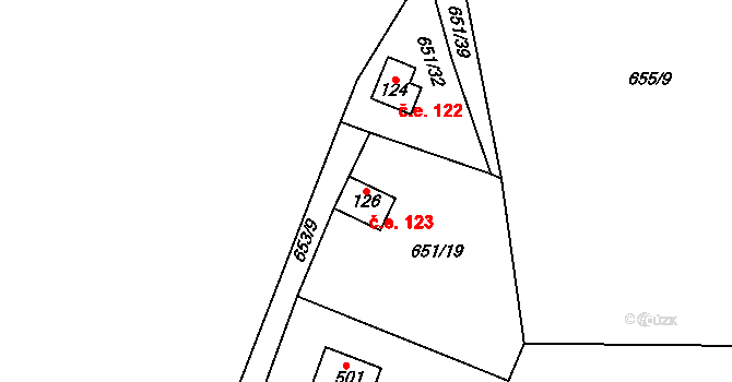 Kytín 123 na parcele st. 126 v KÚ Kytín, Katastrální mapa