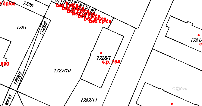 Holice 764 na parcele st. 1726/1 v KÚ Holice v Čechách, Katastrální mapa