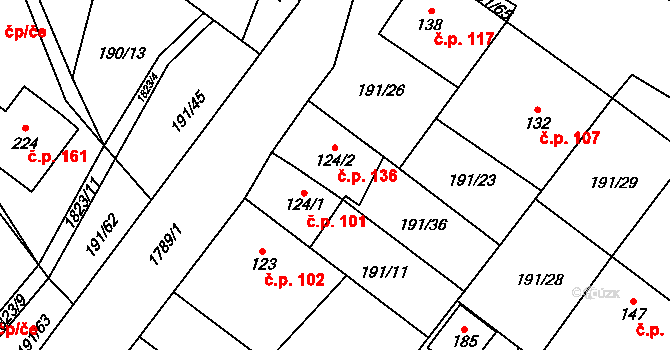 Straník 136, Nový Jičín na parcele st. 124/2 v KÚ Straník, Katastrální mapa