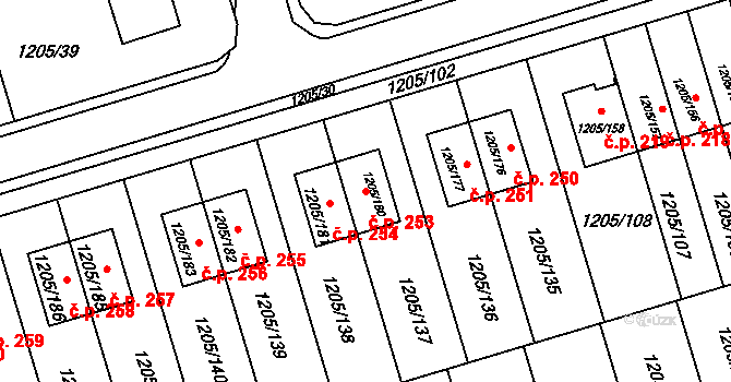 Malešovice 253 na parcele st. 1205/180 v KÚ Malešovice, Katastrální mapa