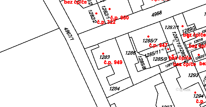 Louny 949 na parcele st. 1283 v KÚ Louny, Katastrální mapa