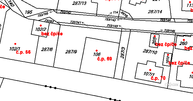Tutleky 69 na parcele st. 106 v KÚ Tutleky, Katastrální mapa