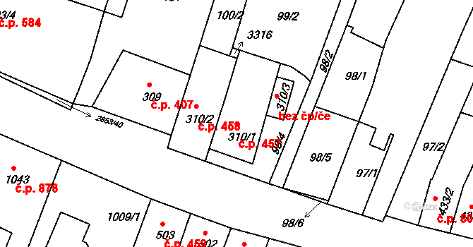 Bystřice pod Hostýnem 457 na parcele st. 310/1 v KÚ Bystřice pod Hostýnem, Katastrální mapa