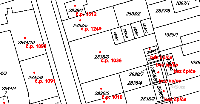 Holešov 1036 na parcele st. 2838/3 v KÚ Holešov, Katastrální mapa