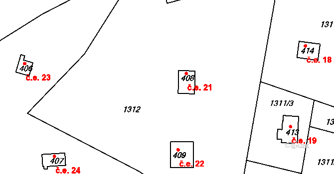 Jevišovice 21 na parcele st. 408 v KÚ Jevišovice, Katastrální mapa