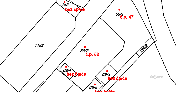 Bahno 52, Černíny na parcele st. 69/2 v KÚ Bahno, Katastrální mapa