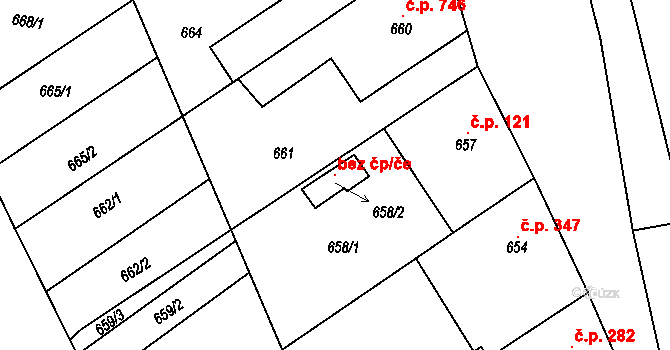 Buchlovice 115360921 na parcele st. 658/2 v KÚ Buchlovice, Katastrální mapa