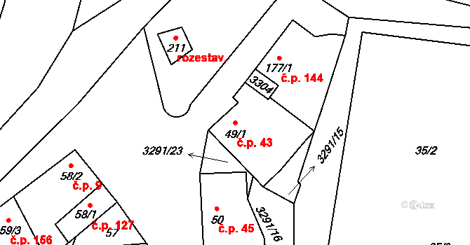 Olešnice 43 na parcele st. 49/1 v KÚ Olešnice u Trhových Svinů, Katastrální mapa