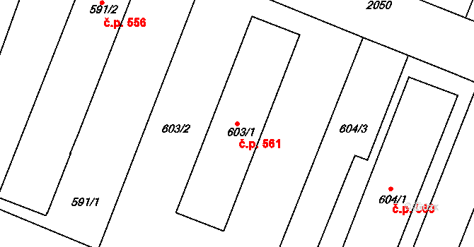 Modřice 561 na parcele st. 603/1 v KÚ Modřice, Katastrální mapa