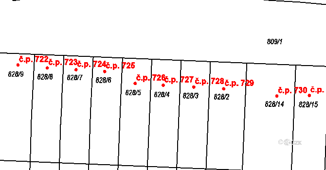 Prušánky 727 na parcele st. 828/4 v KÚ Prušánky, Katastrální mapa