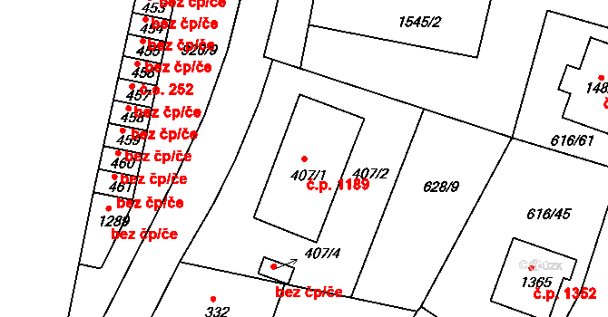 Kyjov 1189 na parcele st. 407/1 v KÚ Nětčice u Kyjova, Katastrální mapa