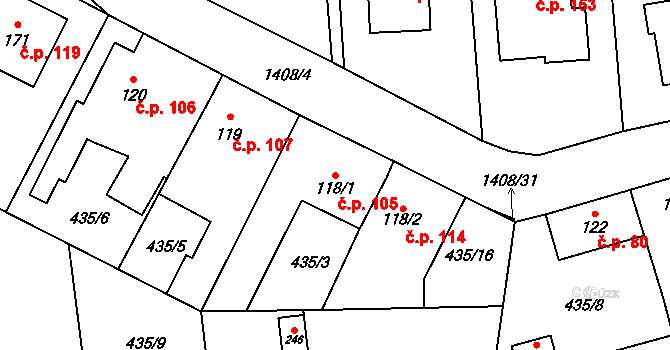 Hybrálec 105 na parcele st. 118/1 v KÚ Hybrálec, Katastrální mapa