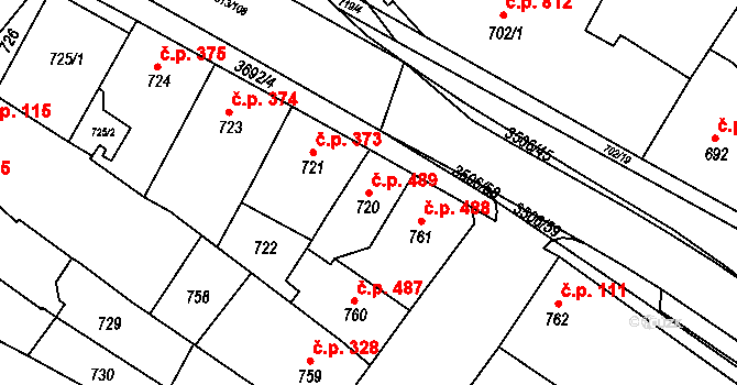 Vyškov-Předměstí 489, Vyškov na parcele st. 720 v KÚ Vyškov, Katastrální mapa
